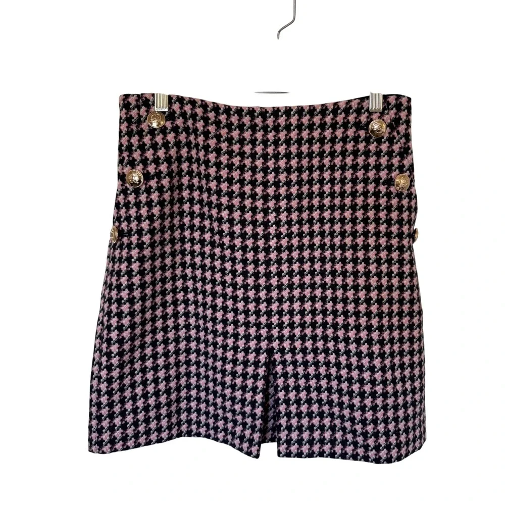 Ann Taylor Houndstooth Pink‎ Navy Button Detail Mini Skirt Size 4